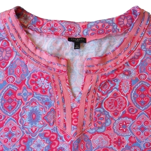 Talbots Pink Blue Abstract Split Neck 3/4 Sleeve Tunic Boho Colorful Maximalist - Picture 4 of 7